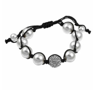 Zircomania 622b0028wht Pave Clear Crystal And White Faux Pearl Beaded Macrame Adjustable Bracelet