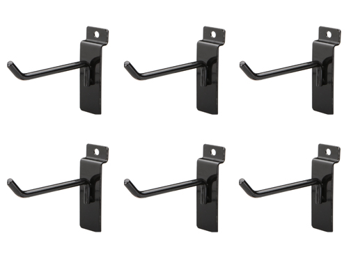 01100679 Easy Living Easy Wall Bag Of Six 4 In. 45 Degree Black Metal Slatwall Hooks With Stabalizer & Double Hook Clips