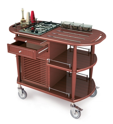 Geneva Signature 70362 Wood Veneer Flambe Cart With Propane Burner Cooktops
