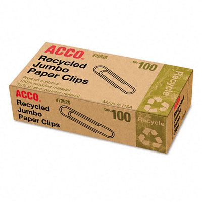 Acco Acc-72525 Recycled Paper Clips, Jumbo, 100-box