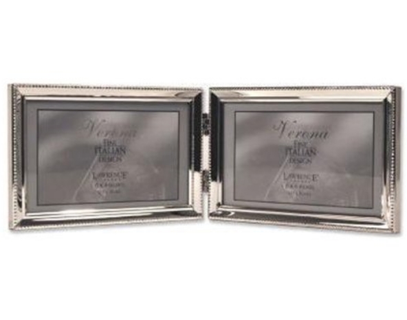 Polished Silver Plate 4x6 Hinged Double Horizontal Picture Frame - Bead Border Design