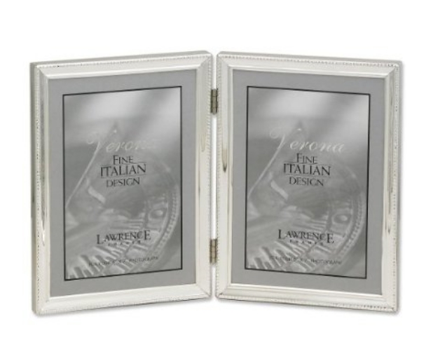 Polished Silver Plate 5x7 Hinged Double Picture Frame - Bead Border Design