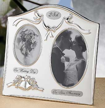 590043 Satin Silver & Brass Plated 2 Opening Picture Frame - 25th Anniversary Design