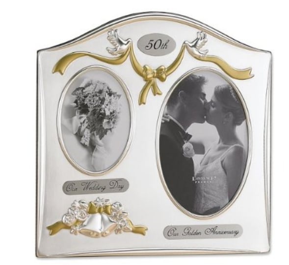 590143 Satin Silver & Brass Plated 2 Opening Picture Frame - 50th Anniversary Design