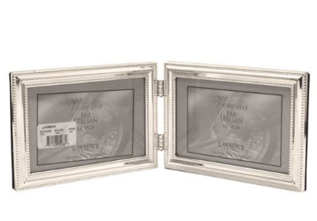 4x6 Hinged Double - Horizontal - Metal Picture Frame Silver-plate With Delicate Beading