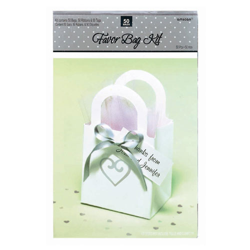 Amscan 36338 Silver Heart Favor Bag Sets 50 count - paper ribbon