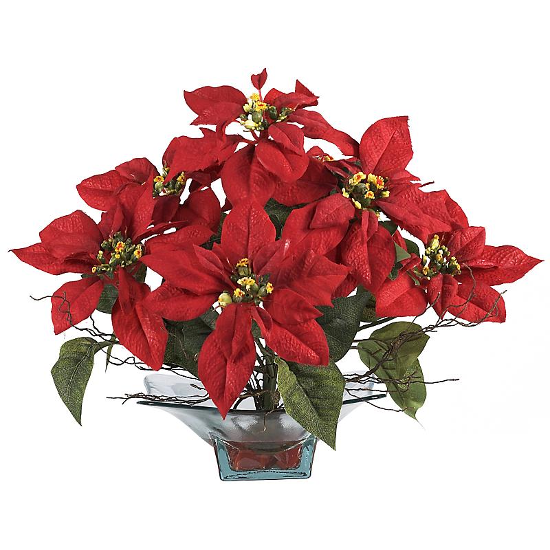 Nearly Natural 1501-RD Poinsettia with Square Glass Vase- Holiday