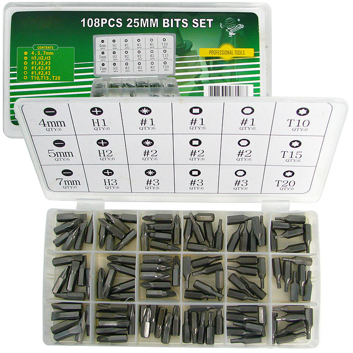 108 Screwriver Bit Assortment - 18 Different Styles and Sizes
