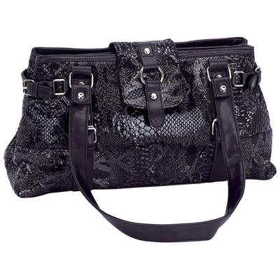 Black Genuine Leather Handbag with Snakeskin Embossing