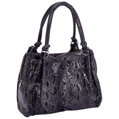 Large Black Genuine Leather Handbag with Snakeskin Embossing