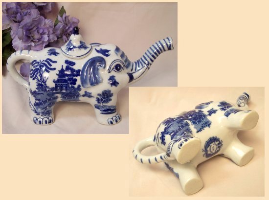 Blue Willow Ceramic Elephant Teapot