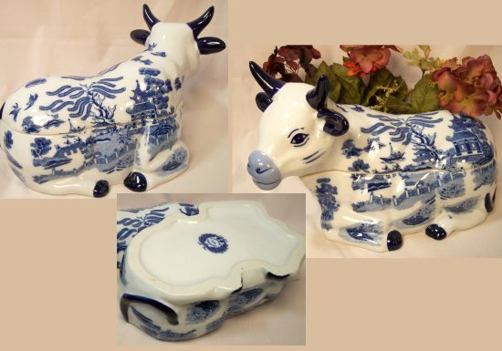 Large Blue Willow Ceramic Cow Cookie Jar