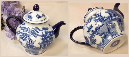 Blue Willow Ceramic Large Tea Pot Round
