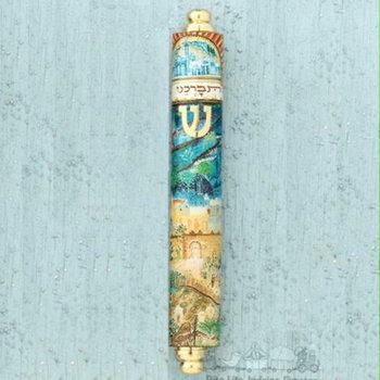 Judaica RLMZEB67 Holds 4.5"H Parchment Panoramic Jerusalem Wood Mezuzah