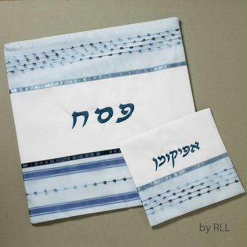 Silk Matzah Cover Afikoman Bag Set Blue