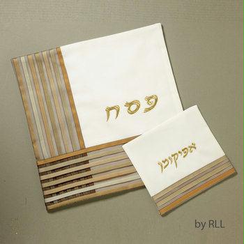 Silk Matzah Cover Afikoman Bag Set Gold