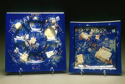 Blue Collage Seder Plate Matzah Tray