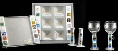12 Tribes Square Seder Plate#44; Matzah Tray Candlesticks Set