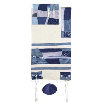 Abstract Blue Raw Silk Appliqued Tallit by Yair Emanuel