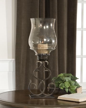 19562 Sorel Candleholder Antiqued Bronze Metal And Transparent Copper Brown Glass