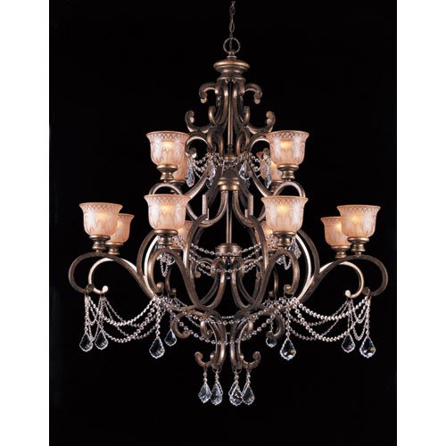 Norwalk Collection 7512BUCLMWP Clear Majestic Wood Polished Crystal Draped on a Wrought Iron Chandelier Handpainted with a Amber Glass Pattern
