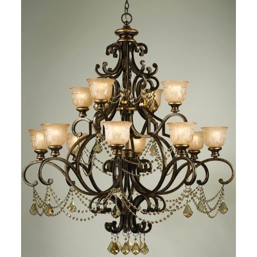 Norwalk Collection 7512BUGTMWP Golden Teak Crystal Draped on a Wrought Iron Chandelier Handpainted with a Amber Glass Pattern