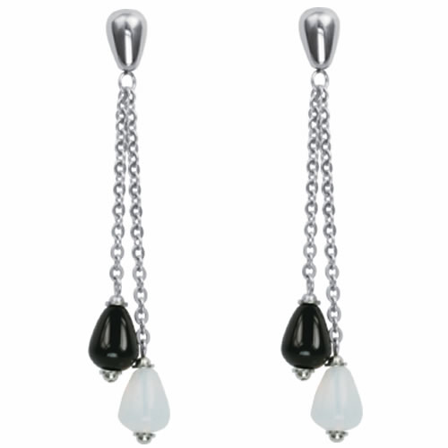 Ess-130 Stainless Steel Earrings With Black And Opalescent Glass Beads