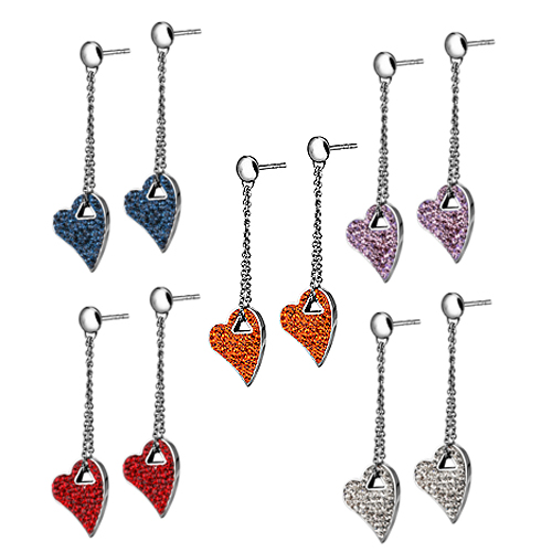 Ess-143 Stainless Steel Drop Down Heart Earring With Foiled Cz Stones