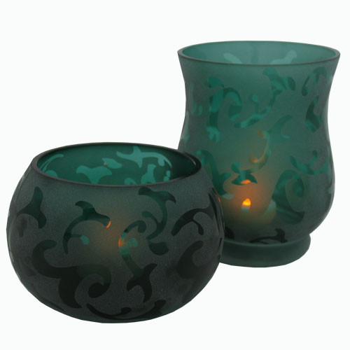 Flipo Group Limited FLACANTLEG2P Etched Glass Tea Light  Emerald Green