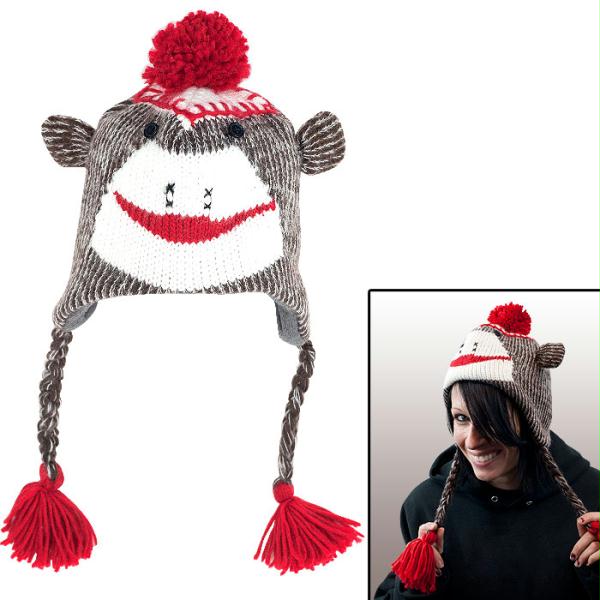 Adult Size Sock Monkey Knit Hat With Poly-fleece Lining
