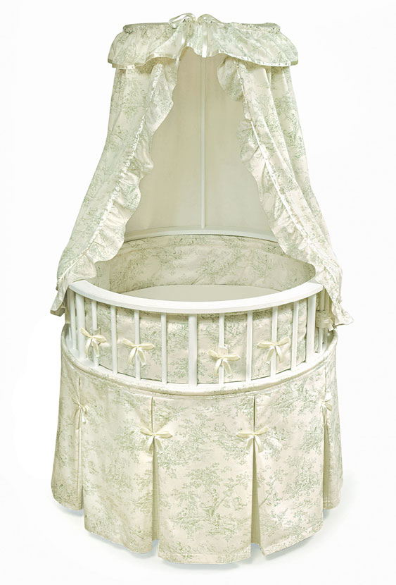 Badger Basket 00832 White Elegance Round Baby Bassinet With Sage Toile Bedding