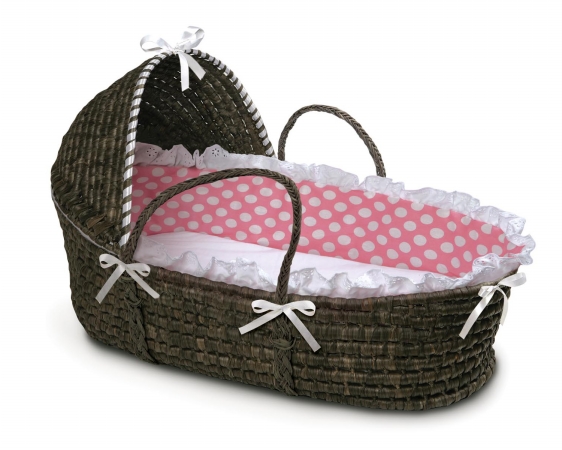 Badger Basket 00964 Espresso Moses Basket With Hood Pink Polka Dot Bedding