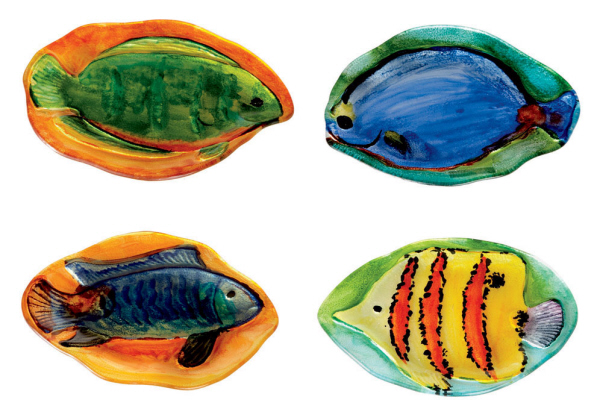 Cbk 29097 Handpainted Tropical Fish Snack Plate Glass Color Painting Set of 4