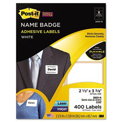 3M 2800N Super Sticky Name Badge Labels#44; 21/3 x 33/8#44; White#44; 400/Pack