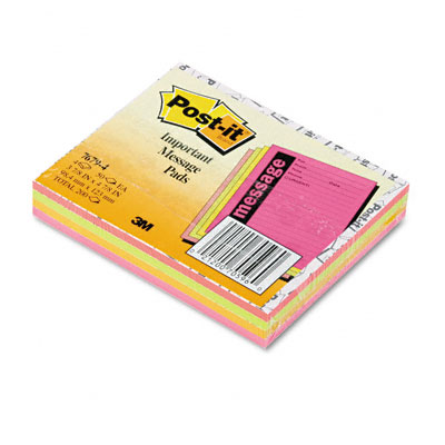 3M 76794SS Super Sticky Message Pads#44; 37/8 x 47/8#44; Lined#44; Neon#44; 4 50Sheet Pads/Pack