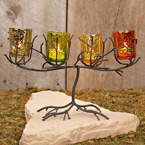 Gerson 91335 Metal Branch Candle Holder With 4 Vintage Mirrored Glass Votives Cu