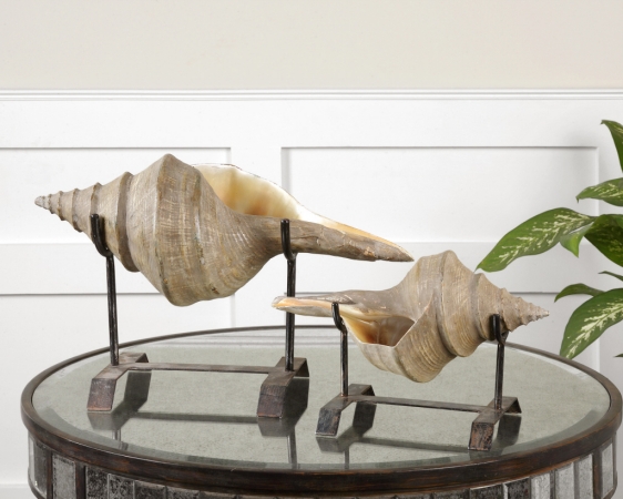19556 Conch Shell Sculpture S-2 Natural Looking Shell On Matte Black Metal Stands.