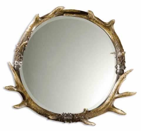 11556 B Stag Horn Mirror Round Natural Brown And Ivory