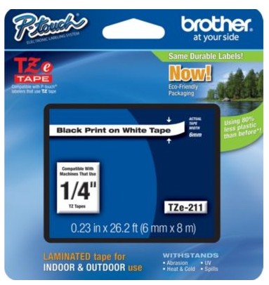 Brother TZE211 TZe Standard Adhesive Laminated Labeling Tape 1/4w Black on White Brother TZE211 TZe Standard Adhesive Laminated Labeling Tape 1/4w Black on White