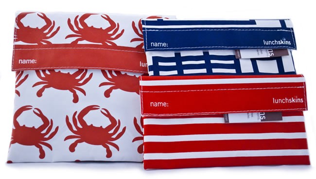 Lunch Skins LSKKIT10 Lunchskins Sandwich Bag in Orange Crab and Two Snack Bags in Red Stripe Navy Blue Circuit