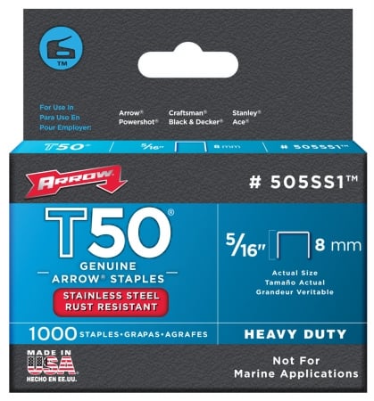 Arrow Fastener Co. .31in. T50 Stainless Steel Staples 505ss1
