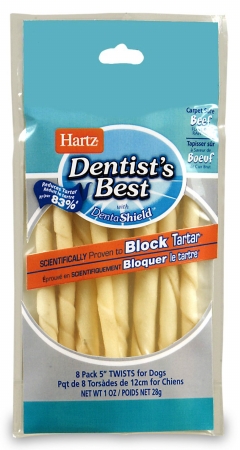 Hartz 8 Pack 5in. Rawhide Twists Dentists Best With Dentashield 01002