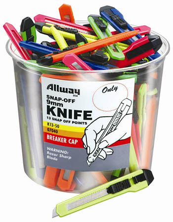 Allway Tools 50 Count 9mm Snap Off Neon Knife Bucket K13-50 - Pack Of 50