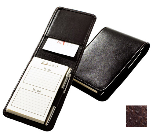 <li>This leather lined note taker measures 3 x 4.5 and has a flap closure.  <li>Top side features card pocket.  <li>Pen included. <li>Color: Brown.