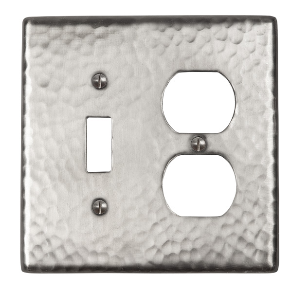 Solid Hammered Copper Single Switch And Duplex Receptacle Combination Plate In Satin Nickel Finish - Cf126sn