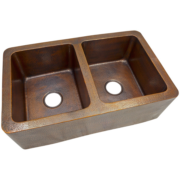Solid Hand Hammered Copper 34in.x21in. Large Double Bowl Farmhouse Sink In Antique Copper Finish -
