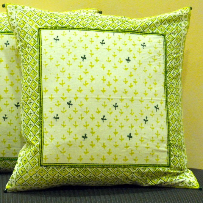 Three Pillars Trading Dhanya Peapod Fair Trade Hand Blocked Dhanya Peapod Beaded 18 inch Square Pillow Cover - India
