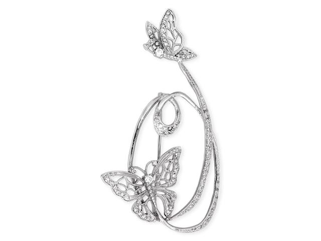 CZ Collections PIN1045 C.Z. Diamond Fluttering Butterflies Sterling Silver Brooch Pin