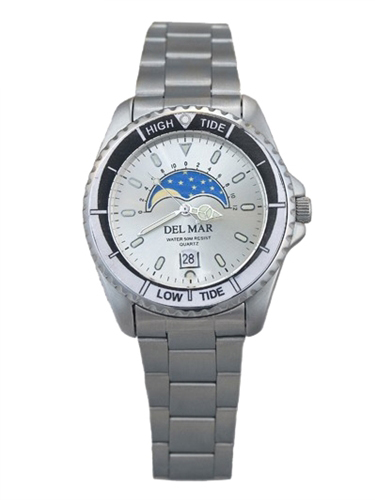 Del Mar 50400 Mens Nautical Analog Tide Watch Stainless Steel White Dial