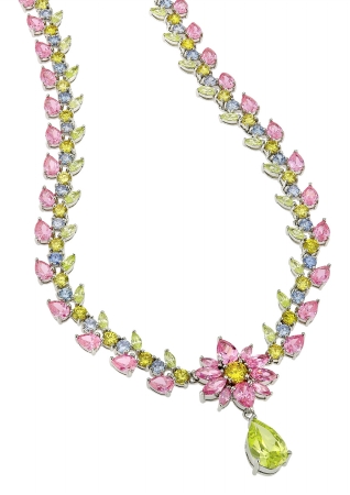 CZ Collections NEC1306 Pink Sapphire Peridot Canary Amethyst Platinum Necklace